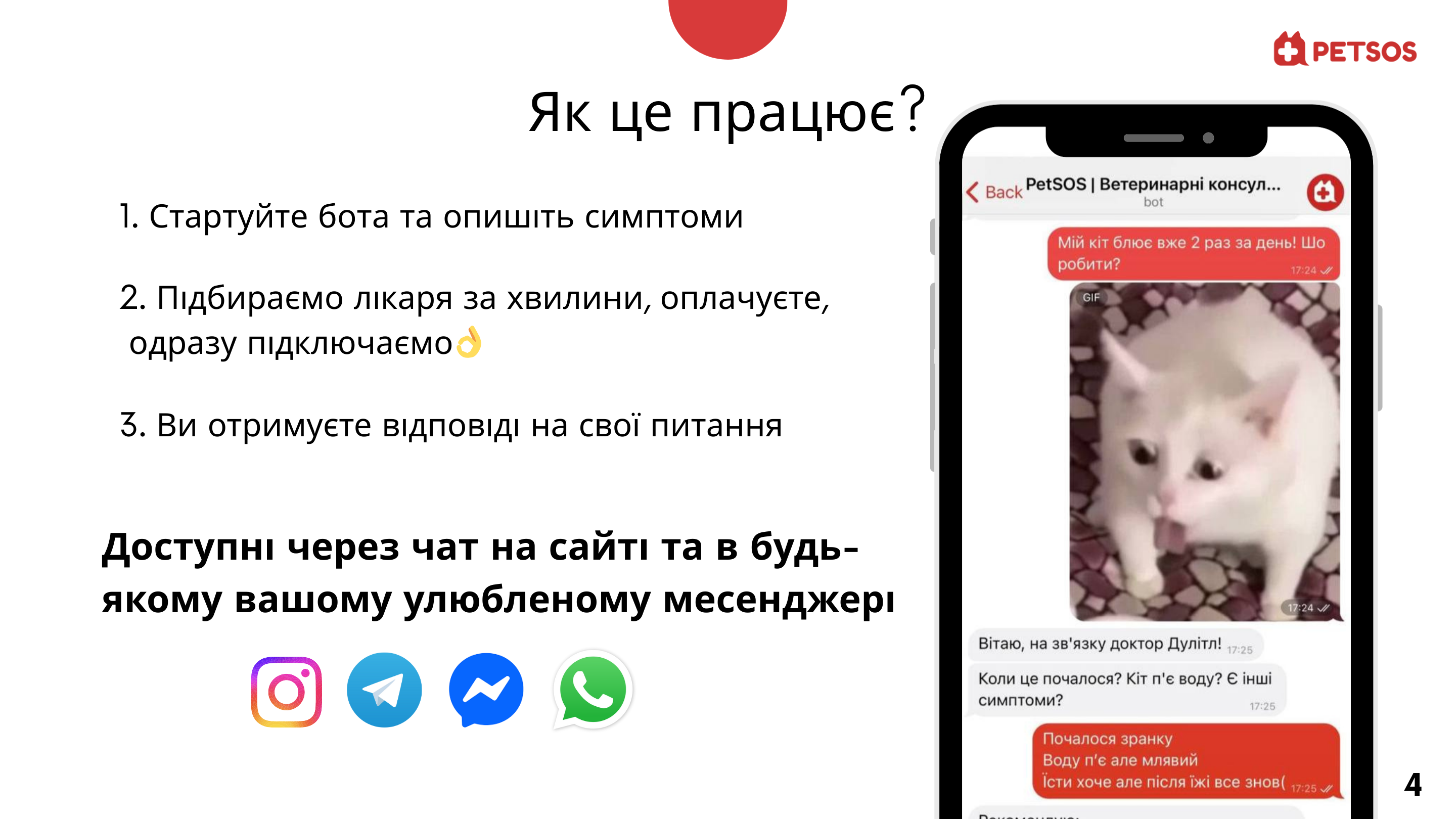 Як працює сервіс Petsos: запуск бота, опис симптомів, підбір лікаря за хвилини та отримання відповідей у чаті через сайт або у месенджерах.